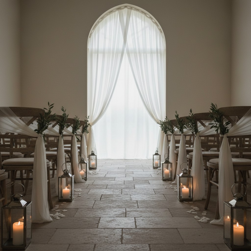 faintly serene altar-only photo, white wall & arched barn door leading to white furniture in an all-white room with lanter...